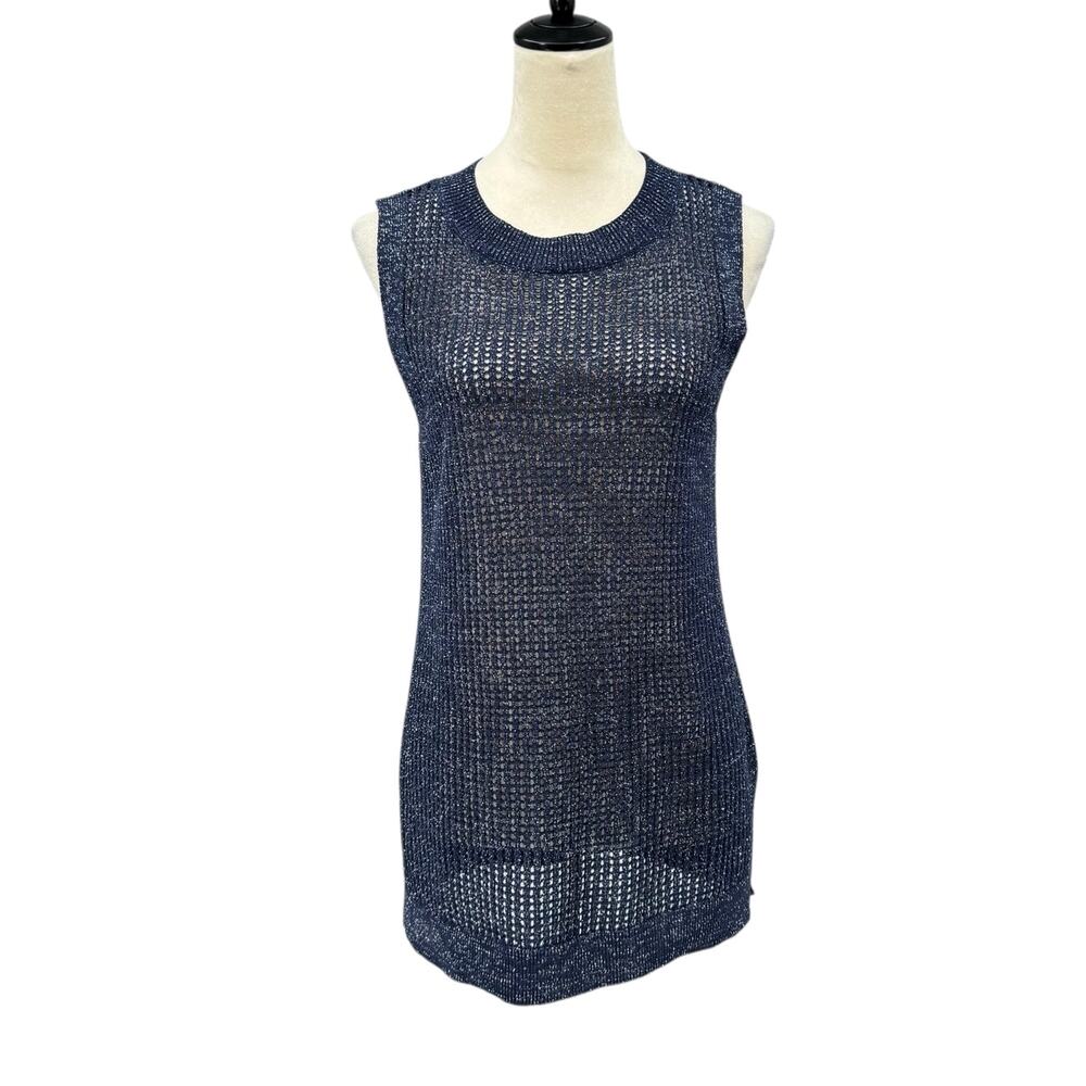 W by Worth Dark Navy Open Knit Silver Metallic Sparkle Tunic Tank Sleeveless Top